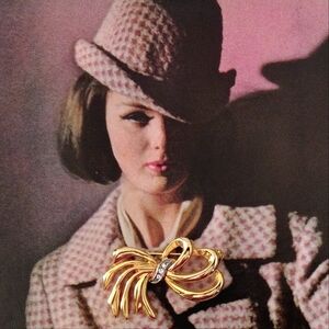 Gloria Vanderbilt Gold-Plated Ribbon Brooch with Rhinestone Accents